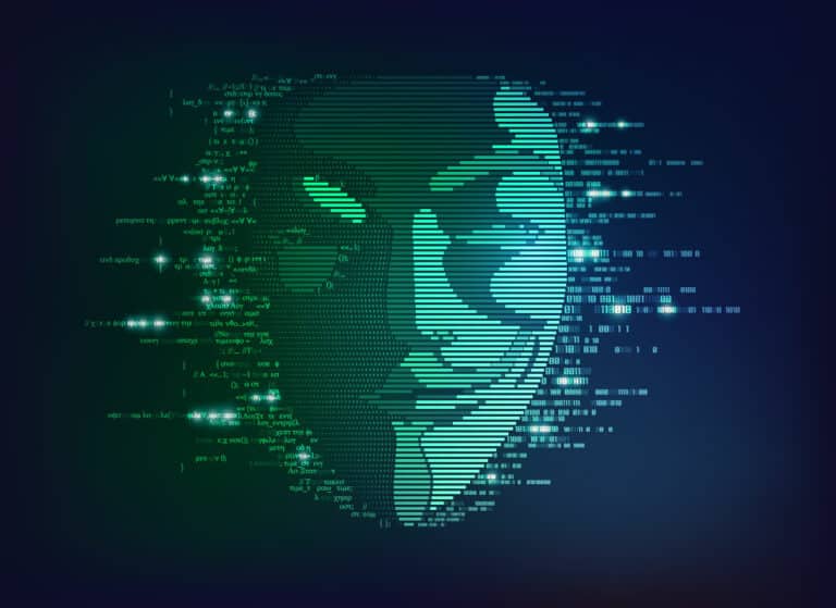 Grüne Anonymous Maske auf blauem Hintergrund, Hacker