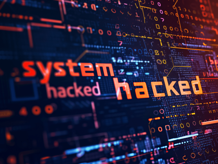 Visualisierung eines Cyberangriffs mit System Hacked auf digitalem Hintergrund