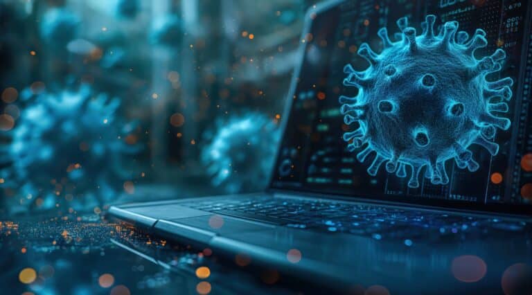 Abstrakte Viruszellen vor Laptop