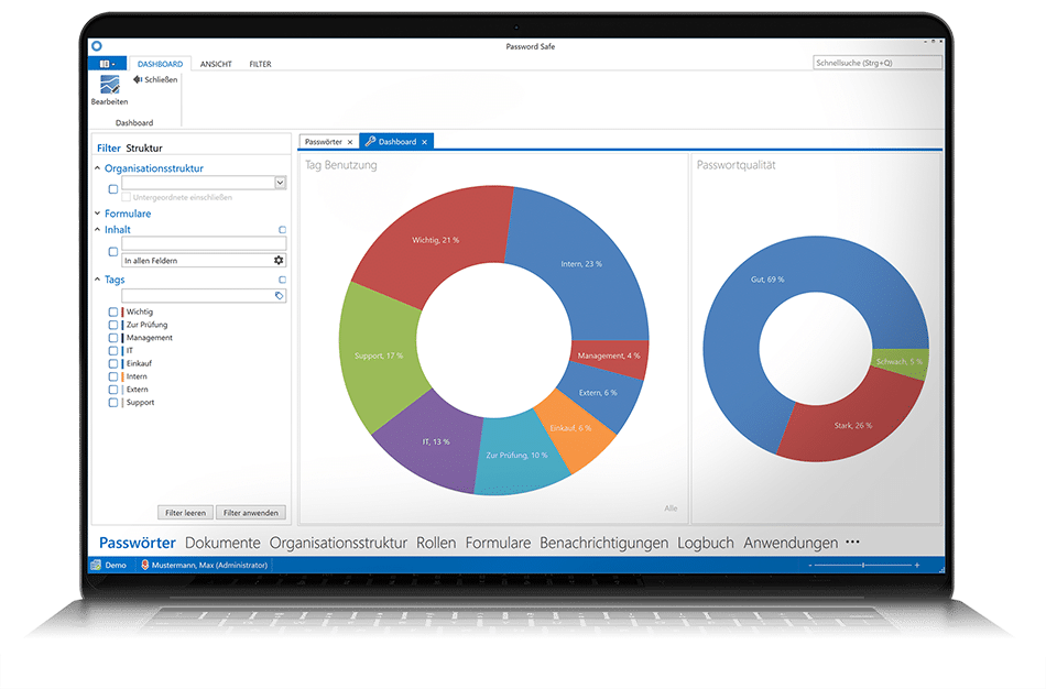 Dashboard mit Passwort-Qualität im digitaler Passwortmanagement Software-Lösung