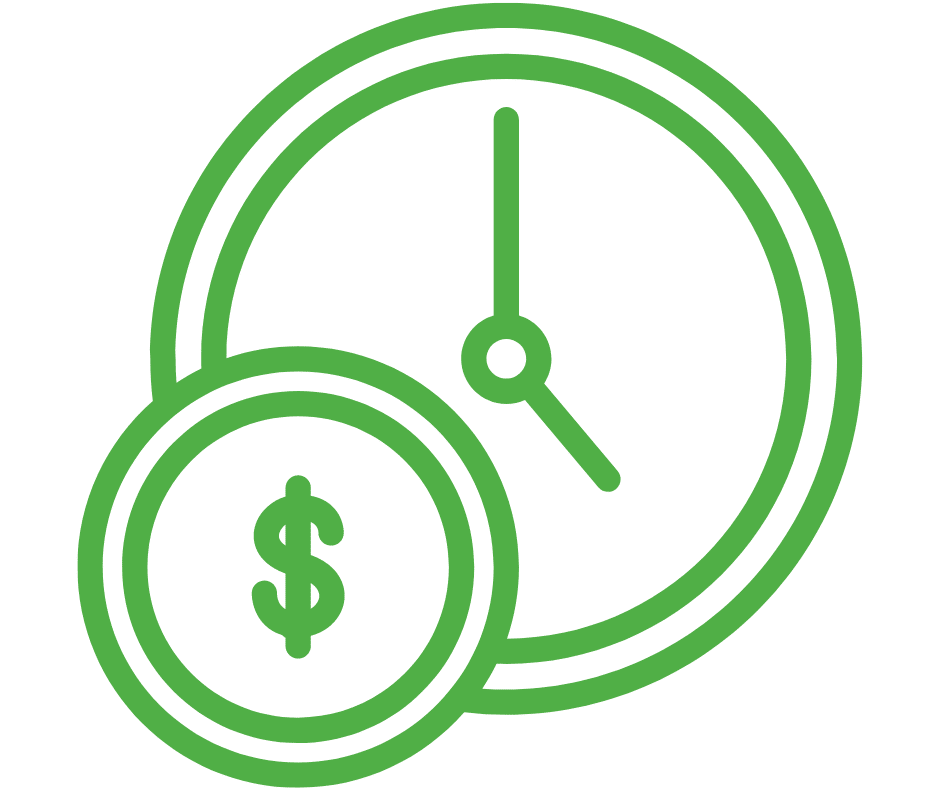 Grüne Uhr und Dollar Münze als Symbol dafür das externer Datenschutzbeauftragter ein Kosten- und Zeitersparnis bietet