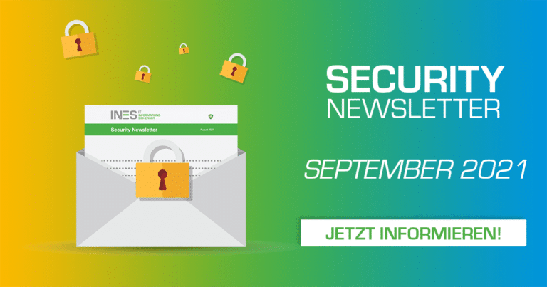 Briefumschlag mit Newsletter und Schloss, gelb grün blauer Hintergrund, September 2021