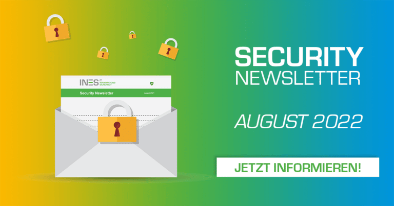 Briefumschlag mit Newsletter und Schloss, gelb grün blauer Verlauf im Hintergrund, August 2022
