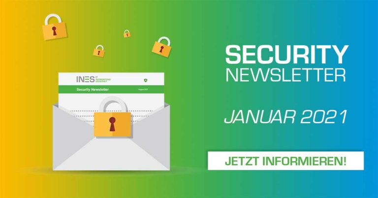 Briefumschlag mit Newsletter und Schloss, gelb grün blauer Hintergrund, Januar 2021