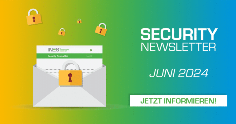 Briefumschlag mit Newsletter und Schloss, gelb grün blauer Verlauf im Hintergrund, Juni 2024
