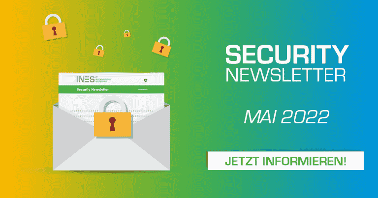 Briefumschlag mit Newsletter und Schloss, gelb grün blauer Hintergrund, Mai 2022