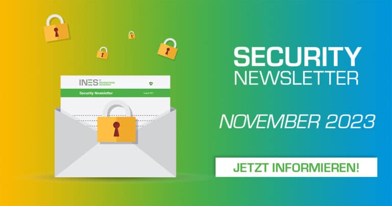 Briefumschlag mit Newsletter und Schloss, gelb grün blauer Verlauf im Hintergrund, November 2023