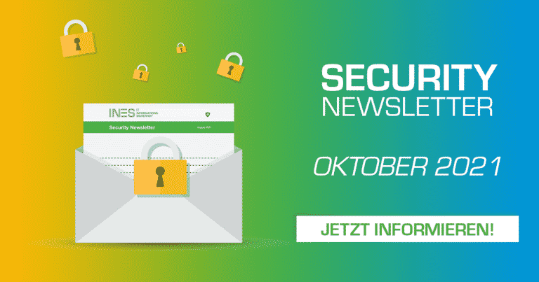 Briefumschlag mit Newsletter und Schloss, gelb grün blauer Hintergrund, Oktober 2021