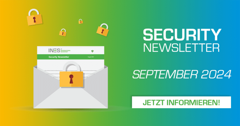 Briefumschlag mit Newsletter und Schloss, gelb grün blauer Verlauf im Hintergrund, September 2024