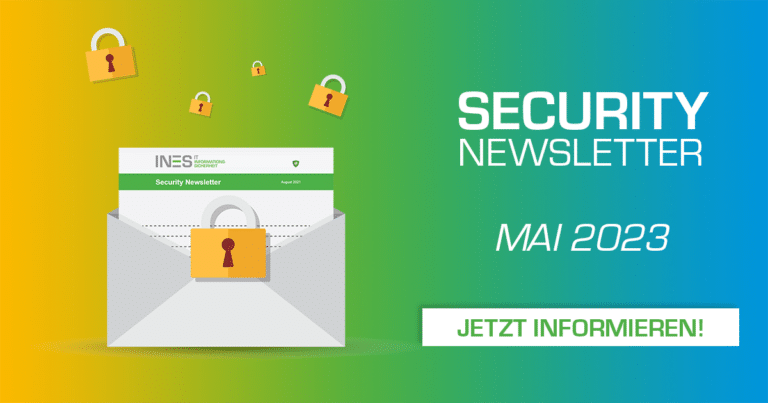 Briefumschlag mit Newsletter und Schloss, gelb grün blauer Verlauf im Hintergrund, Mai 2023